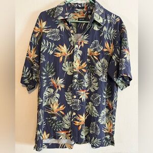 Izod Washable Silk Blue Hawaiian Tropical Short Sleeve Button Down Large